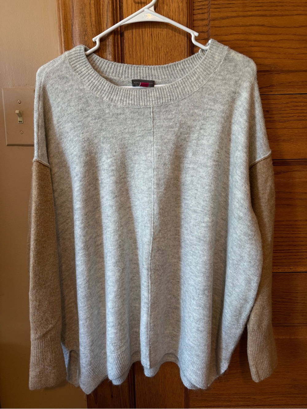 Vince Camuto Light Gray and Brown Colorblock Crewneck Sweater